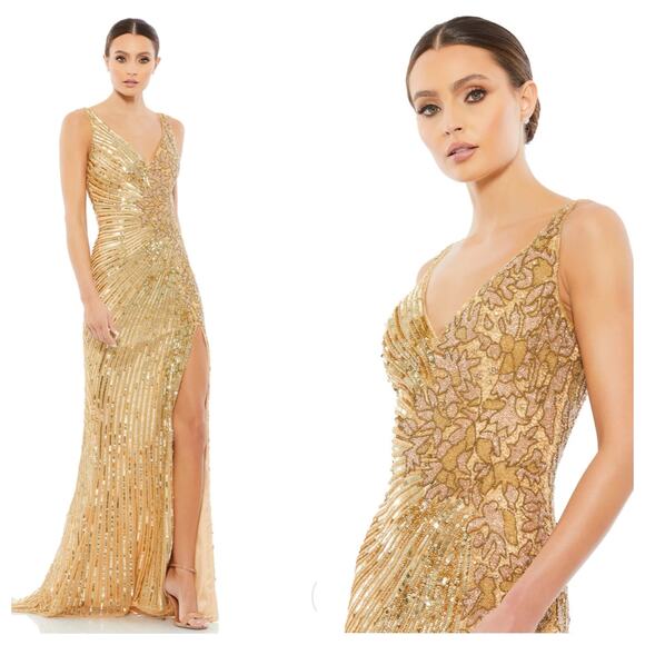 Mac Duggal 5473 High Slit Embellished Sequins Dress Gold Size 10 NWT - Picture 2 of 12